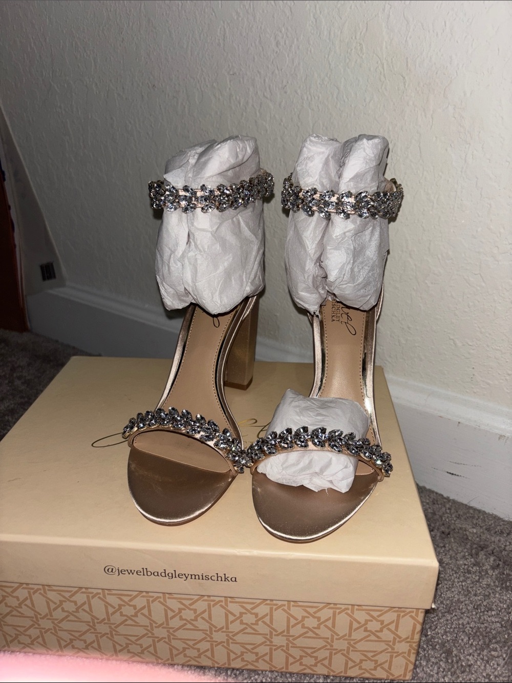 Badgley Mischka Metallic Gold Crystal-Ankle Block Heels